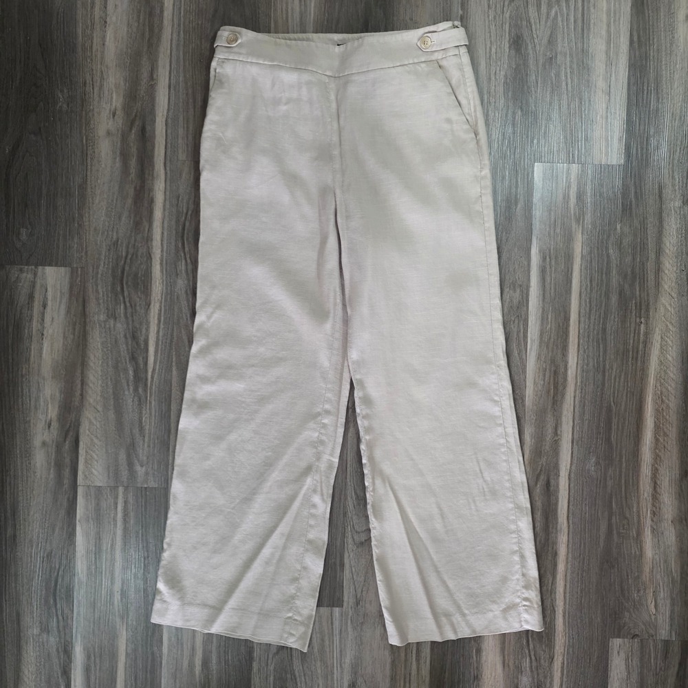 Talbots Beige Linen Blend Wide Leg Trousers Size 12P Side Zip Button Tab